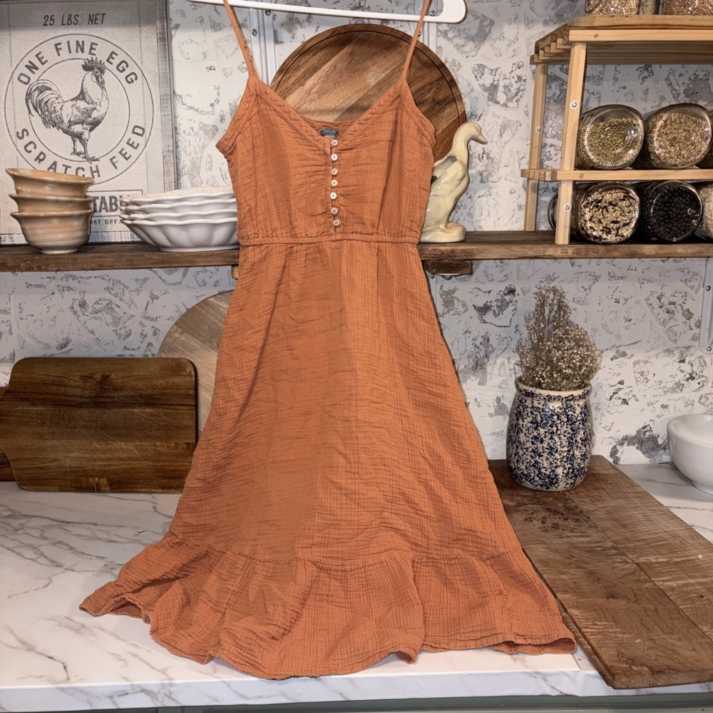 Aerie Copper Cotton Gauze Texture Bohemian Women's Dress Size XS Ruffle Hem